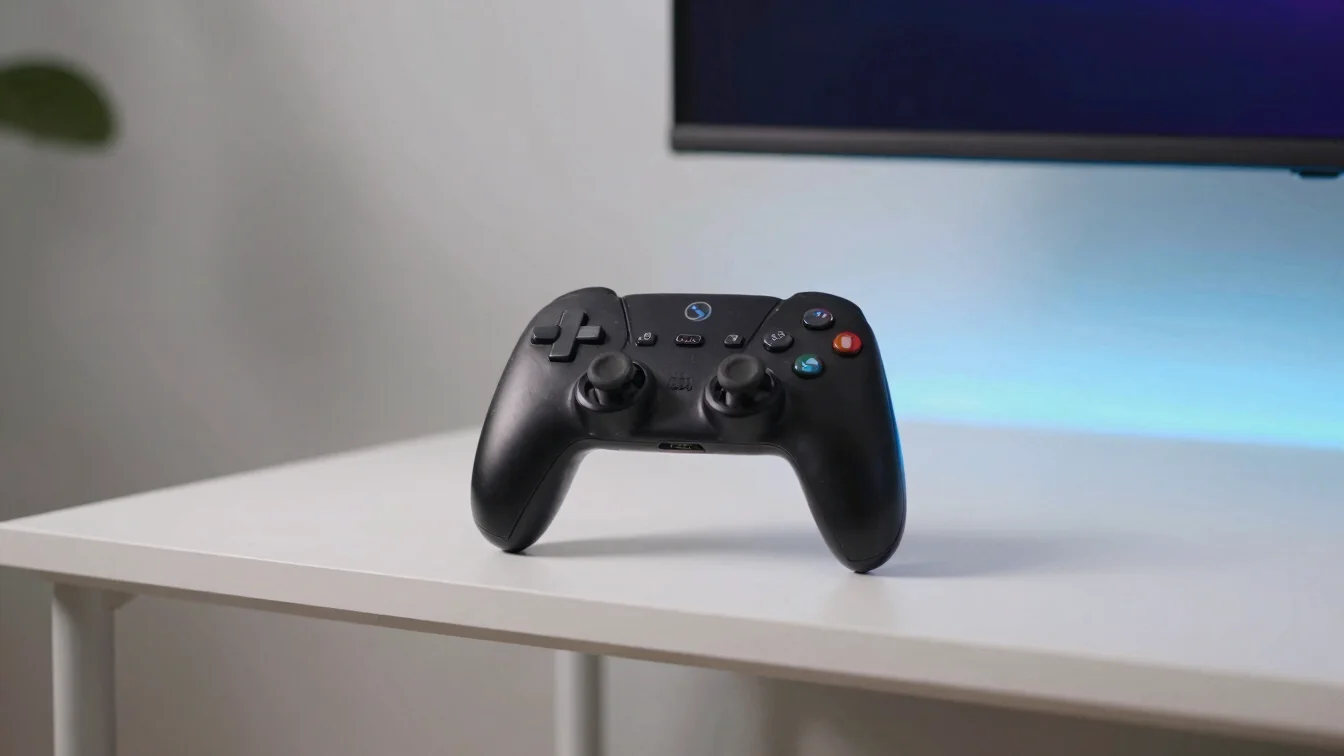 Game console and controller on a minimalist living room shelf, na