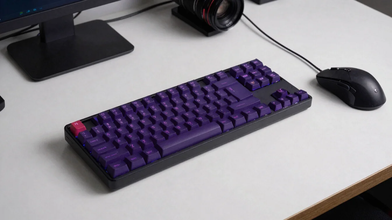 Teclado mecânico e mouse em mesa limpa, luz controlada, sombras p