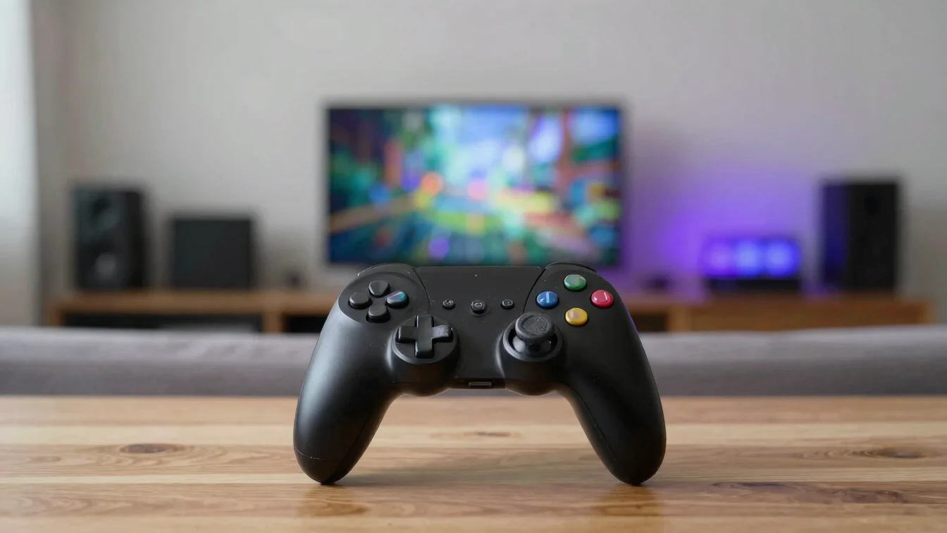 Controle de console e tela de jogo em ambiente de apartamento urb