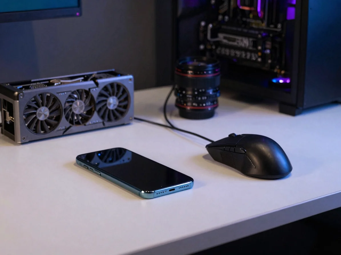 Editorial photograph of a clean desk with a smartphone, a graphic