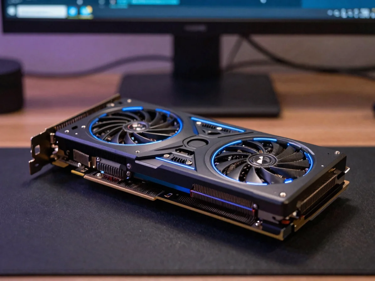 Close-up of a graphics card on a dark workbench under soft direct