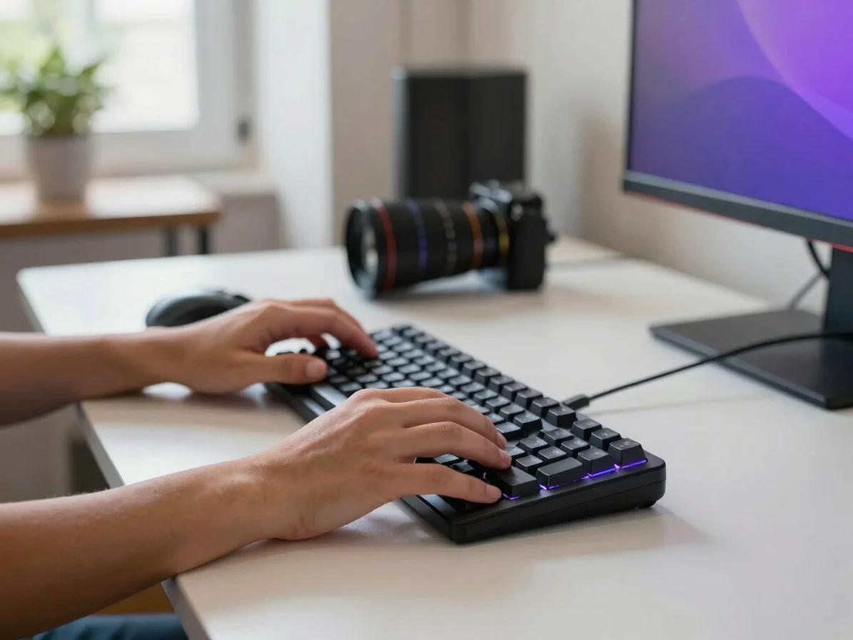 Hands using a mechanical keyboard and gaming mouse on a clean des