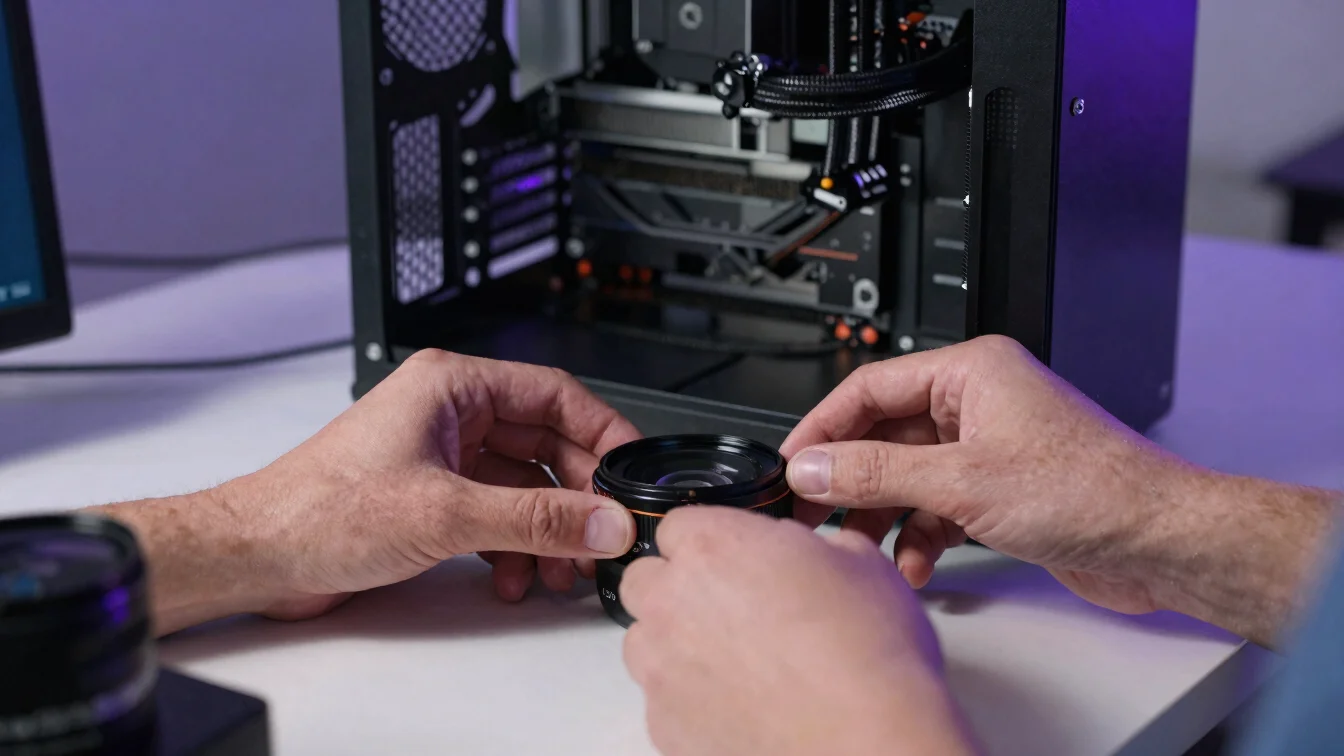 Hands assembling PC components on a workbench, controlled light,